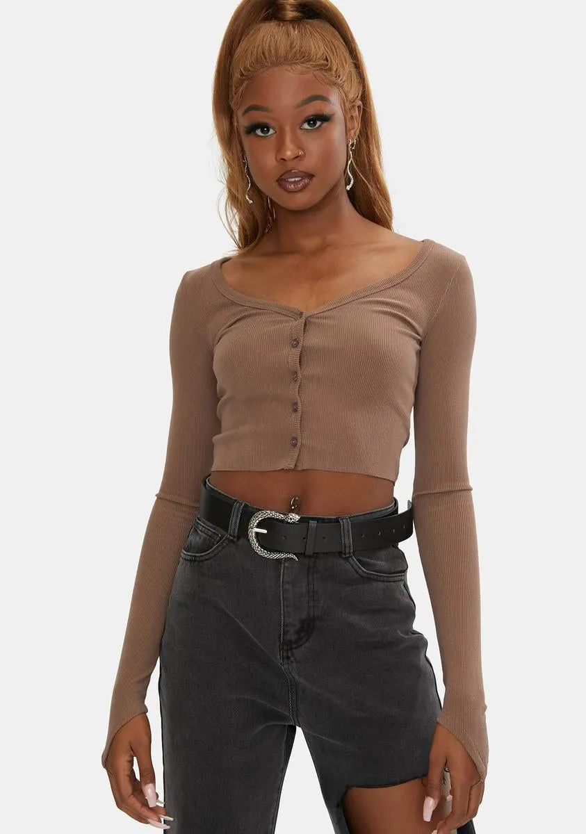 Brown Basik Button Crop Top sold by Dolls Kill