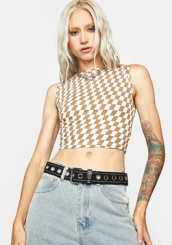 Checker Tan Ivory Gimon Crop Top sold by Dolls Kill