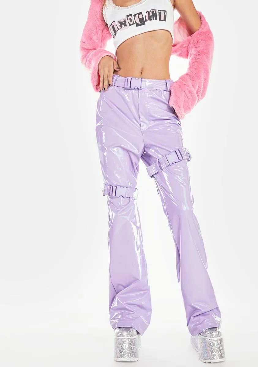 Lavender Things I Deserve Buckle Vinyl Pants sold by Dolls Kill