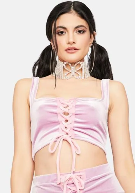 Blush Come Here Often Velour Lace Up Top sold by Dolls Kill