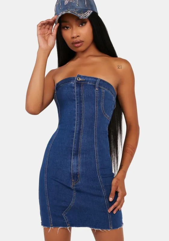 Ebony Strapless Denim Mini Dress sold by Dolls Kill