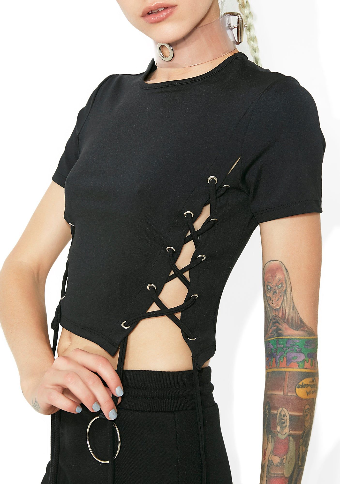 Somewhere Between Lace-Up Crop Tee sold by Dolls Kill product image thumbnail 3