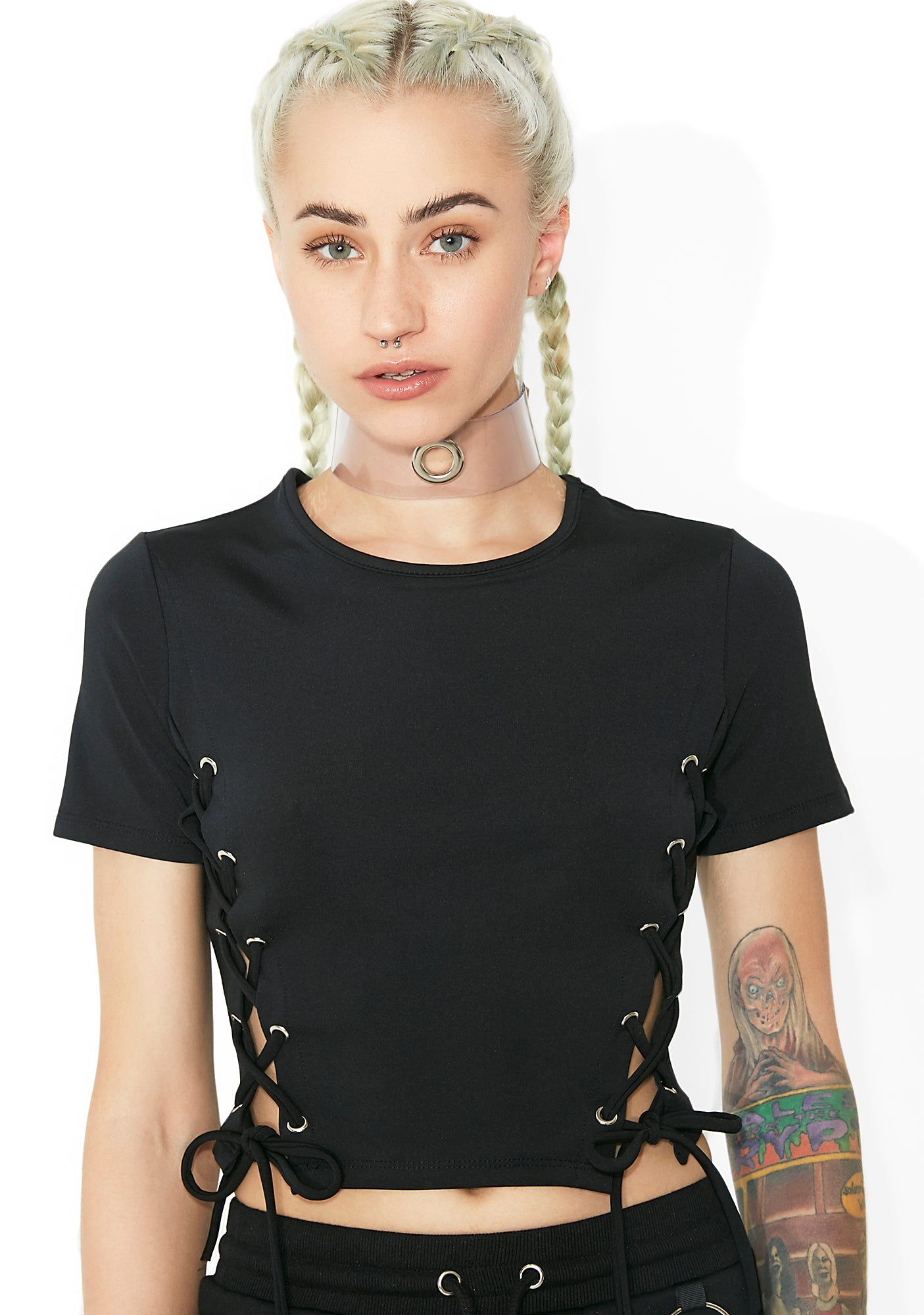 Somewhere Between Lace-Up Crop Tee sold by Dolls Kill