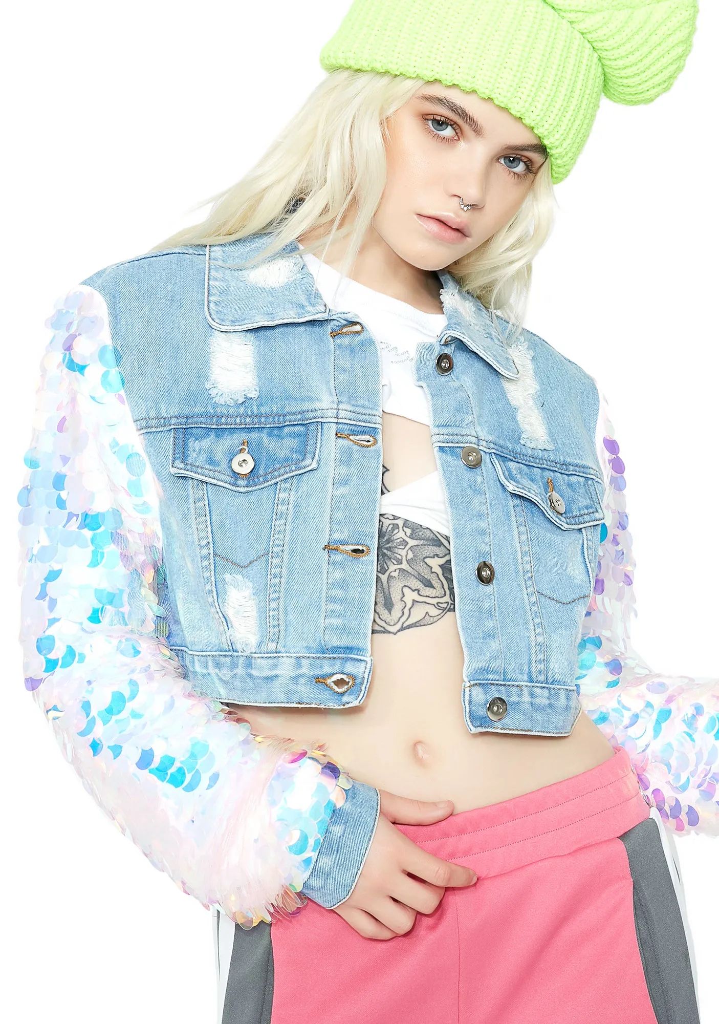Shimmy Cropped Denim Jacket sold by Dolls Kill
