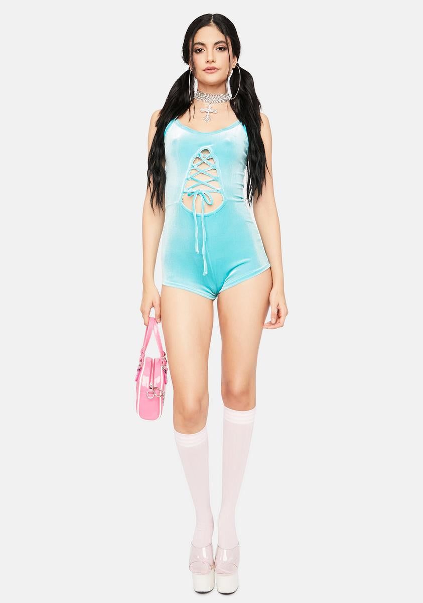 Aqua Changing Perspectives Velour Lace Up Romper sold by Dolls Kill product image thumbnail 3