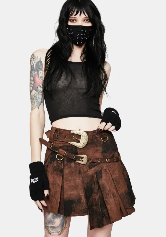 Punk Asymmetric Pleated Brown Wash Skirt sold by Dolls Kill