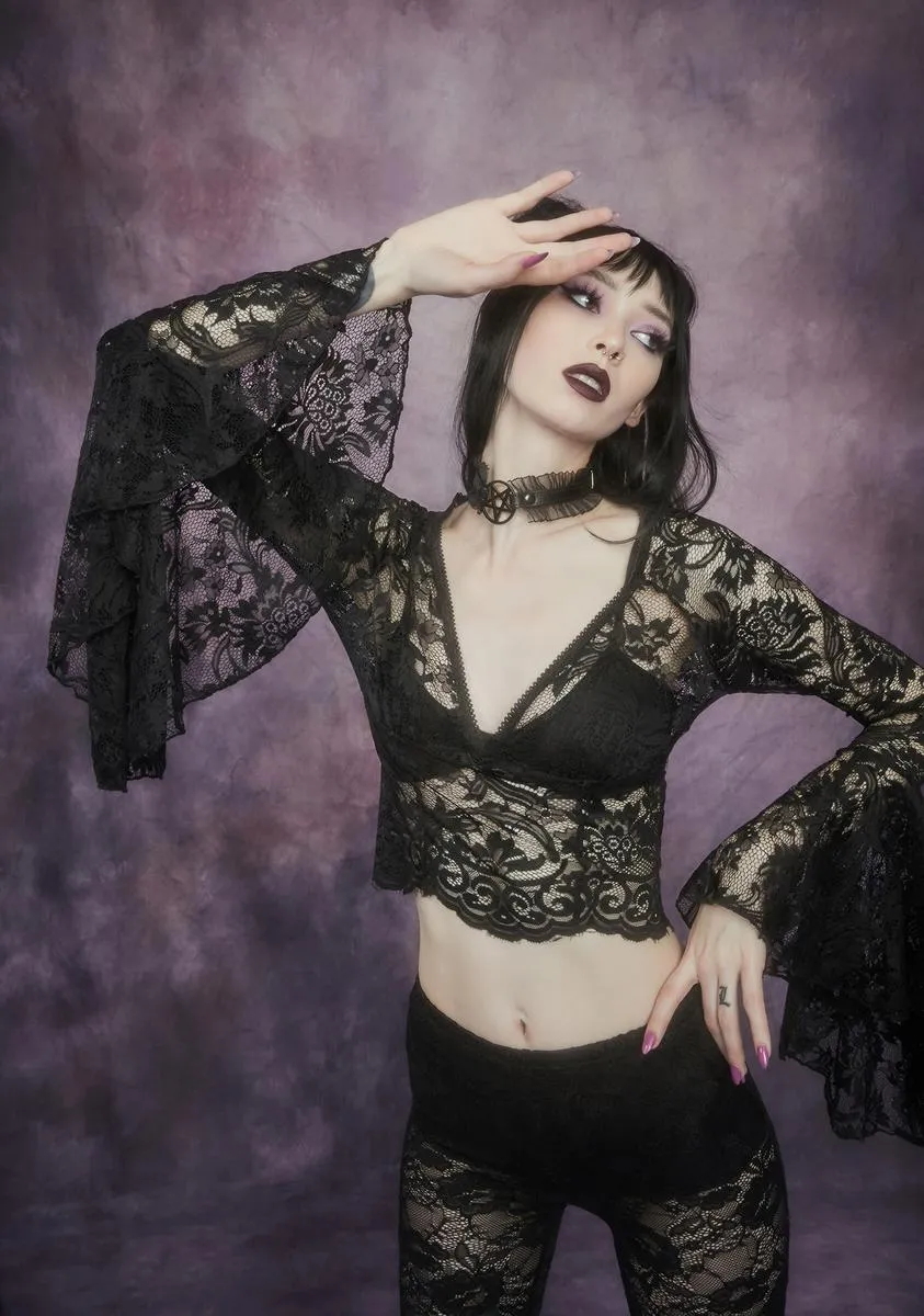 Shadows Of Moonlight Lace Bell Sleeve Top sold by Dolls Kill
