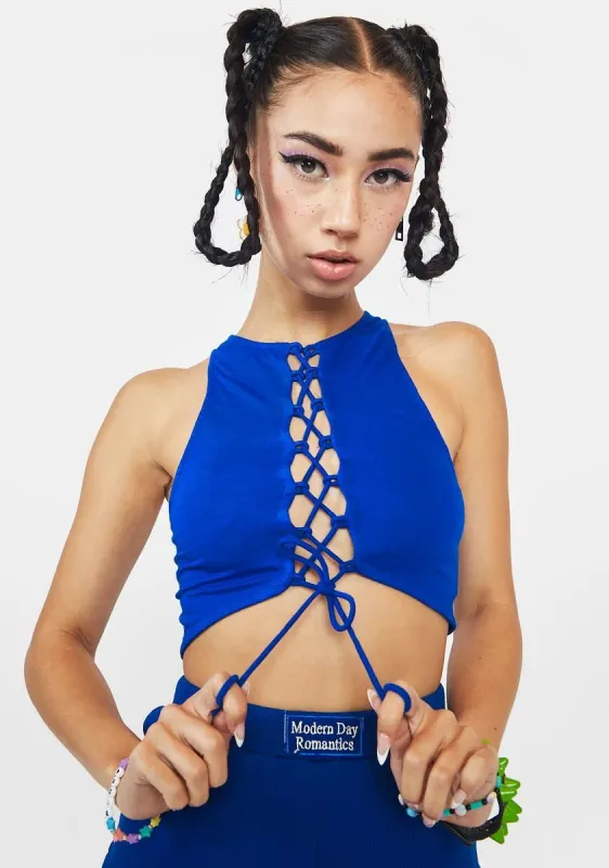 Blue Giwta Lace-Up Crop Top sold by Dolls Kill