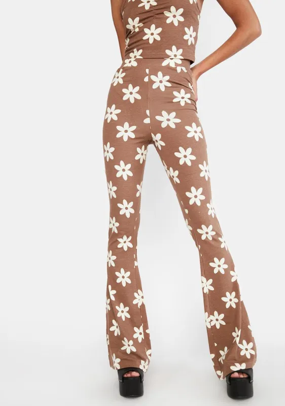 Tan Floral Fit And Flare Pants sold by Dolls Kill