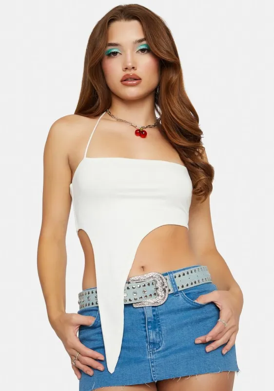 Ivory No Competition Asymmetrical Halter Top sold by Dolls Kill