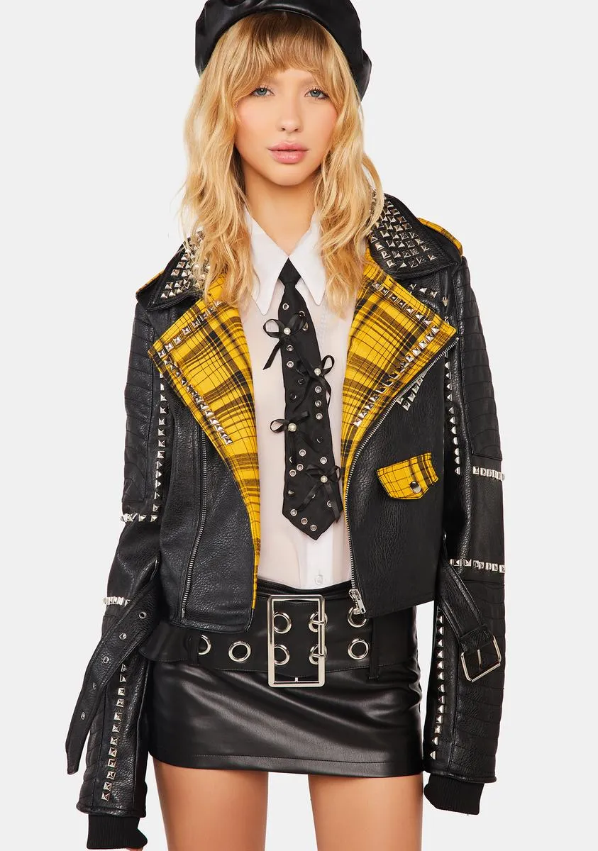 Plaid Label Studded Moto Jacket sold by Dolls Kill