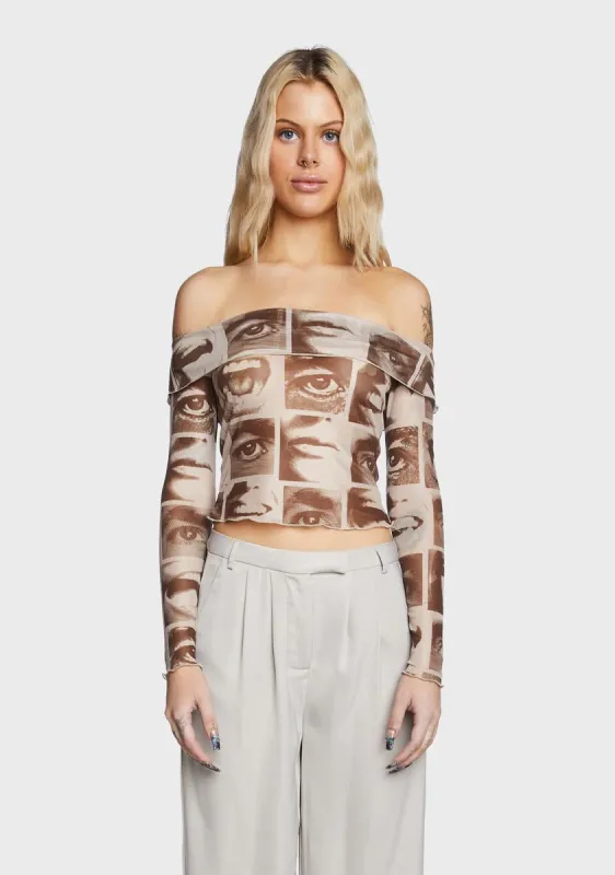 Eye Print Off Shoulder Mesh Top sold by Dolls Kill
