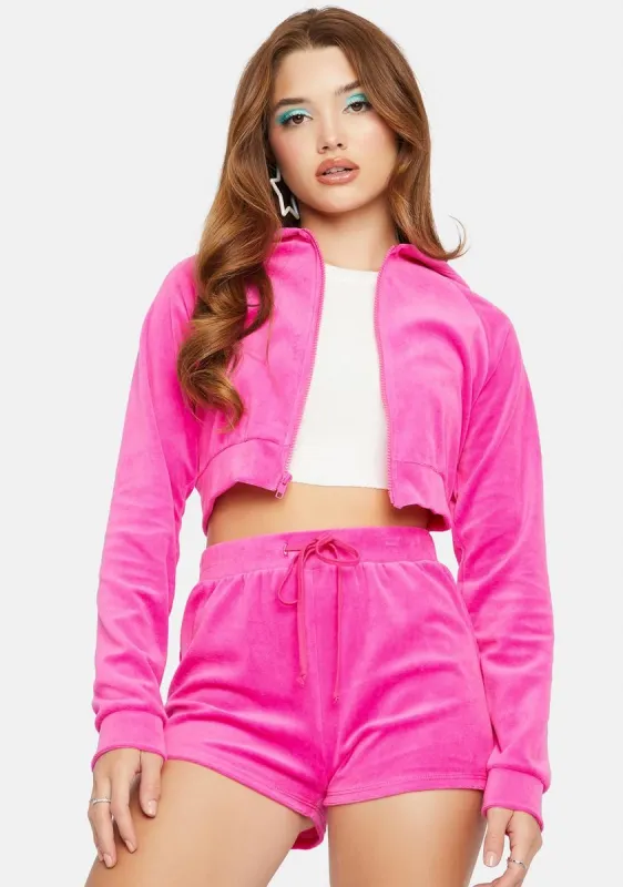 Fuchsia No Surprise Velour Shorts Set sold by Dolls Kill
