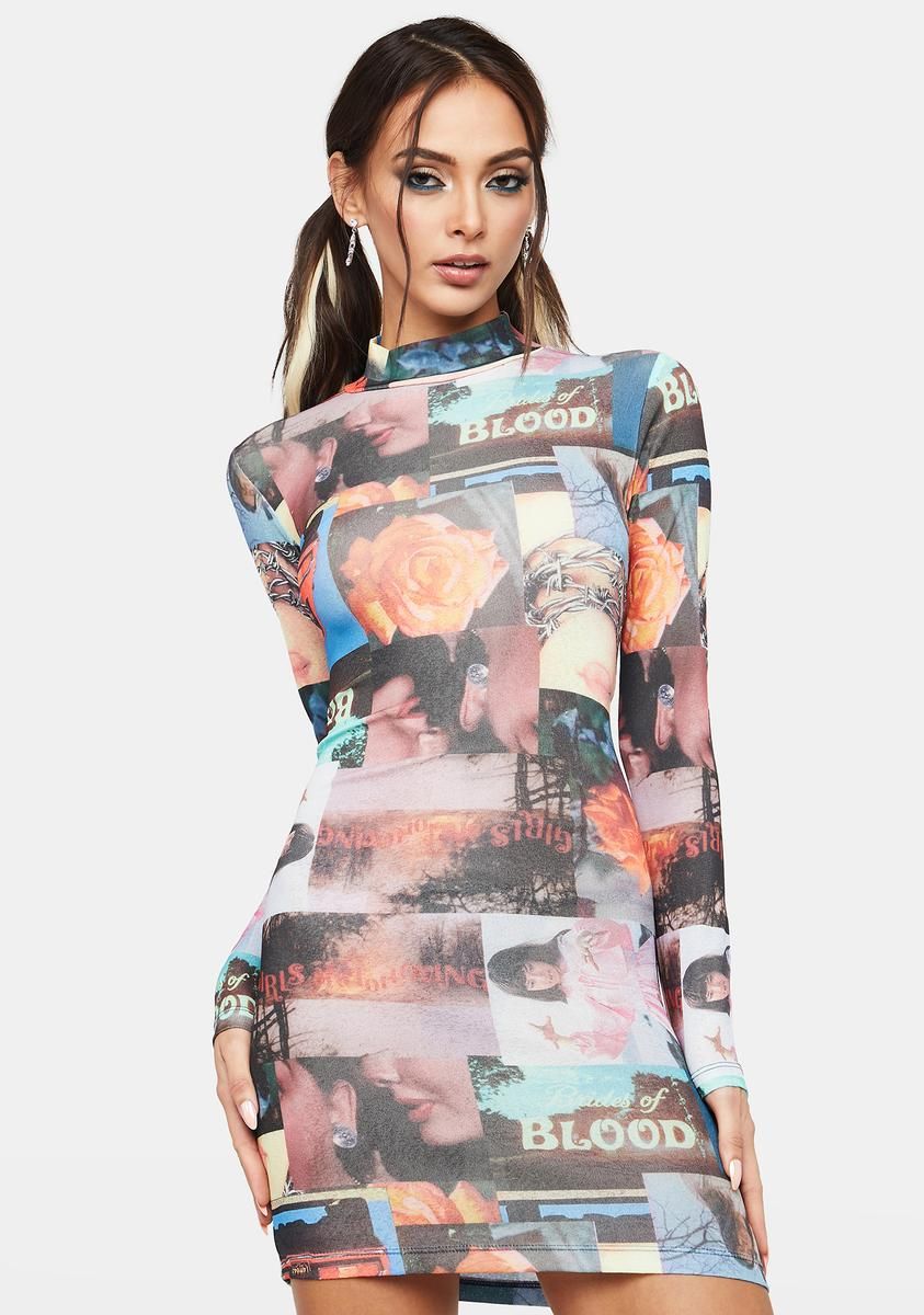 Collage Print Cut Out Back Bodycon Dress sold by Dolls Kill