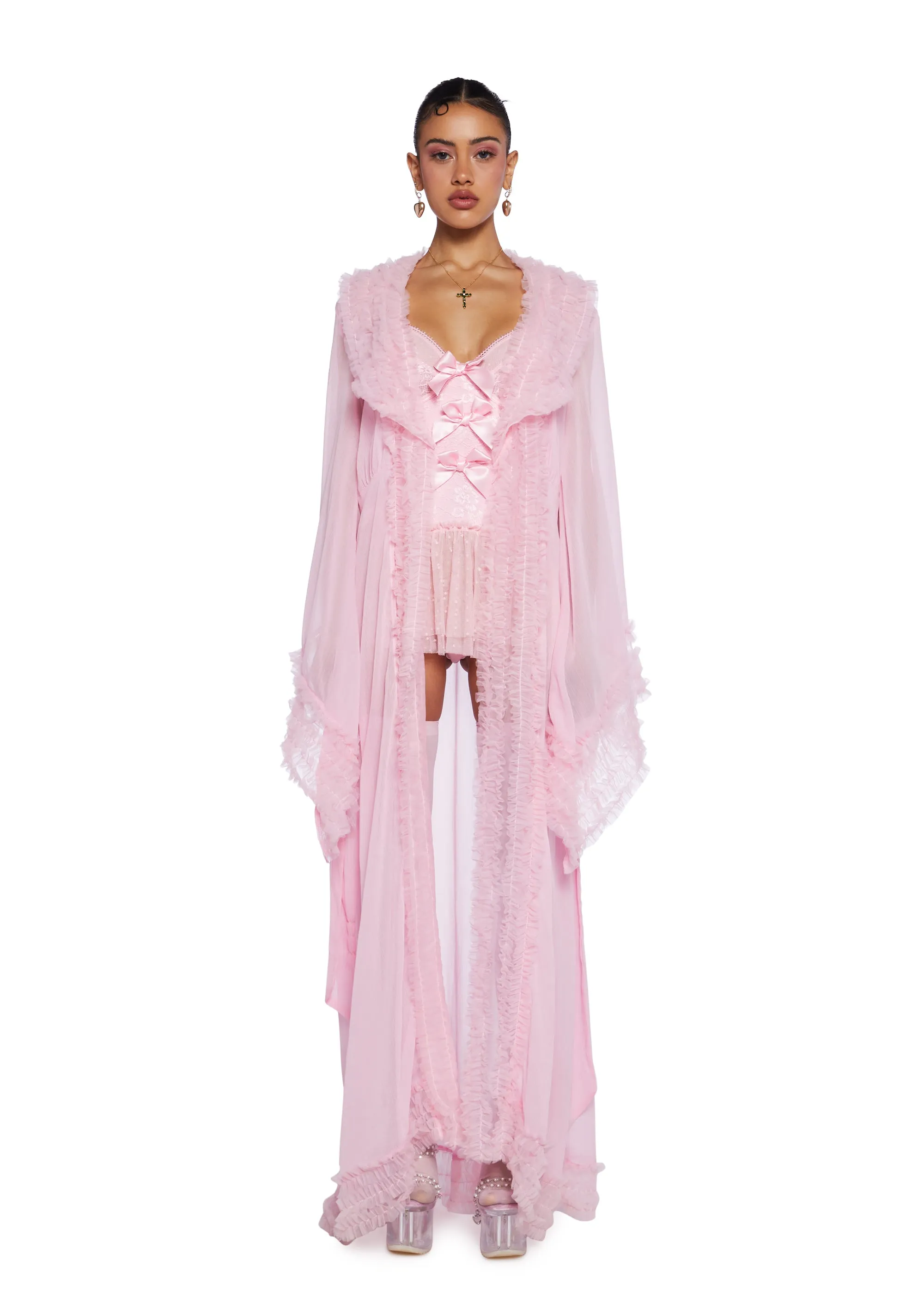 Delightfully Demure Sheer Robe - Pink sold by Dolls Kill