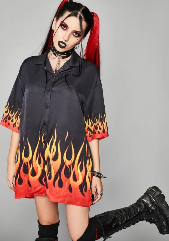 Hell And Back Oversized Button Up Shirt sold by Dolls Kill