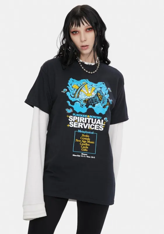 X Playdude Black Spiritual Services Graphic Tee sold by Dolls Kill