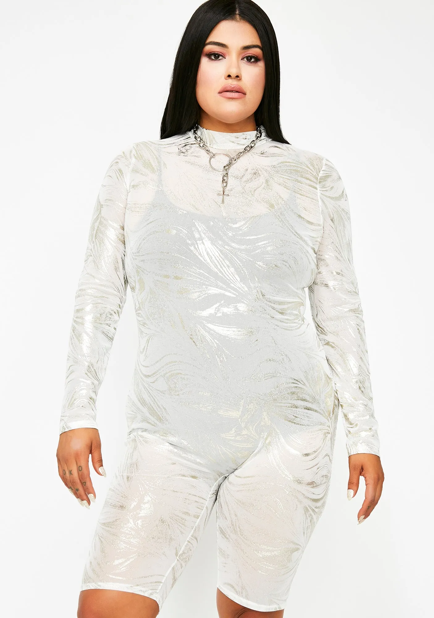 Lightening Silver Blaze Metallic Catsuit sold by Dolls Kill