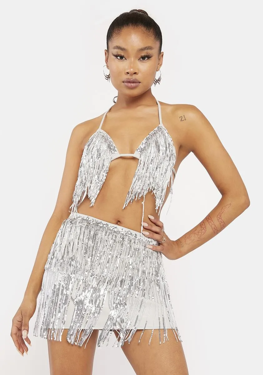 Silver It's Giving Glam Sequin Fringe Set sold by Dolls Kill