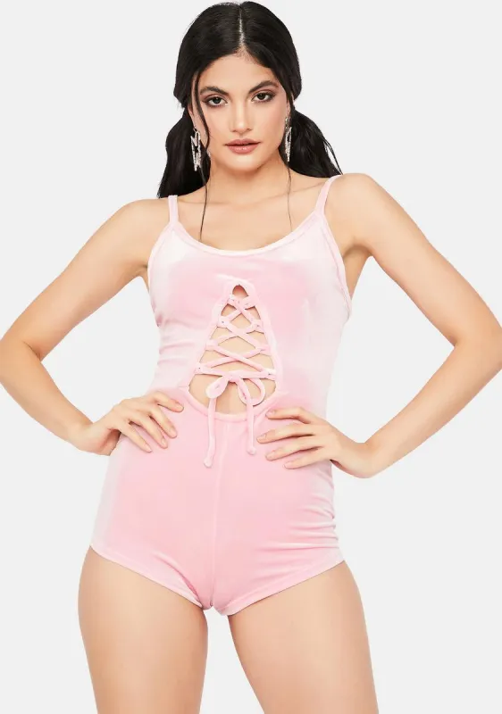 Changing Perspectives Pink Velour Lace Up Romper sold by Dolls Kill
