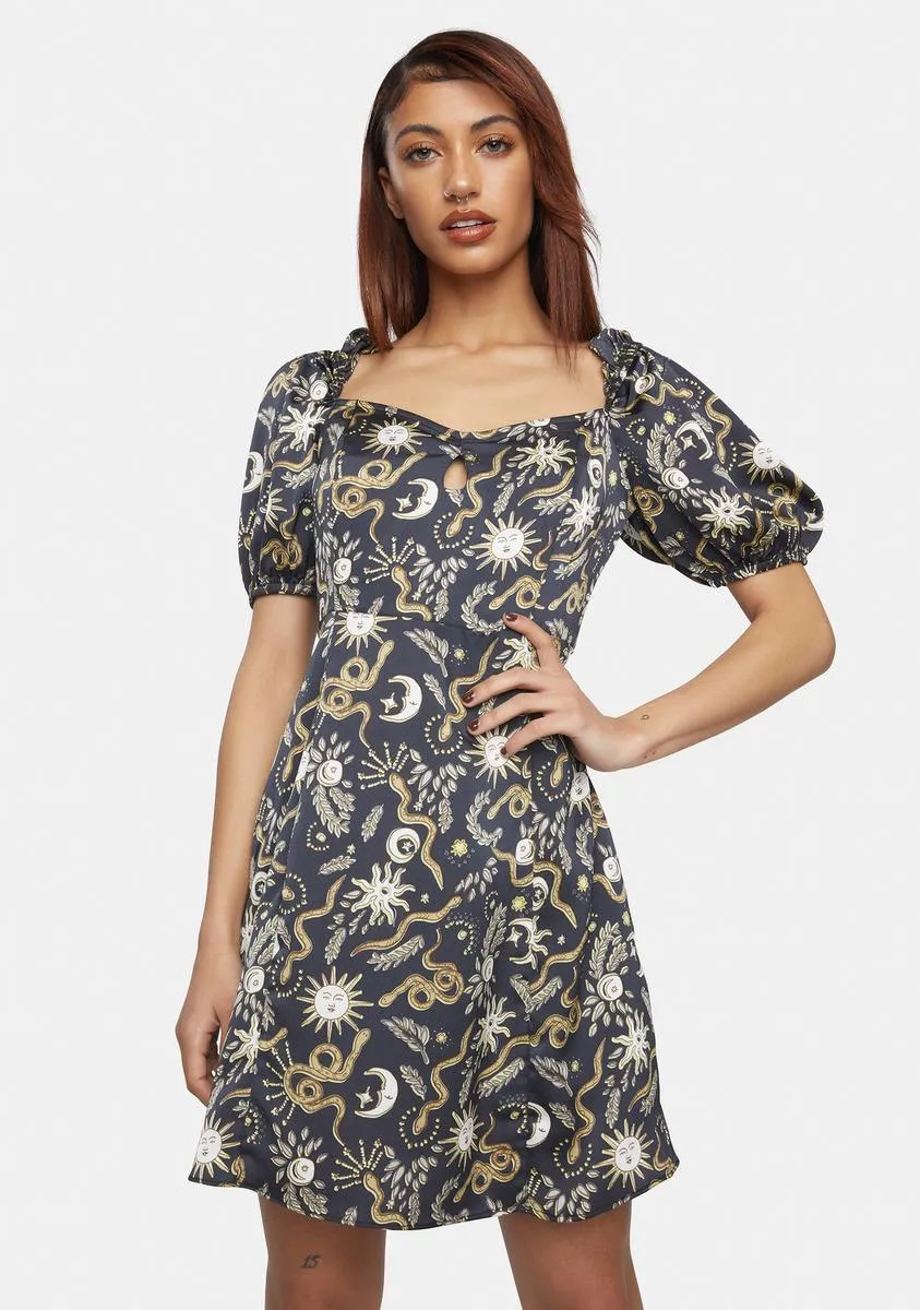 Black Sun Moon Puff Sleeve Mini Dress sold by Dolls Kill
