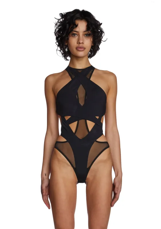 Flanger Strappy Spandex And Mesh Bodysuit - Black made by Dolls Kill