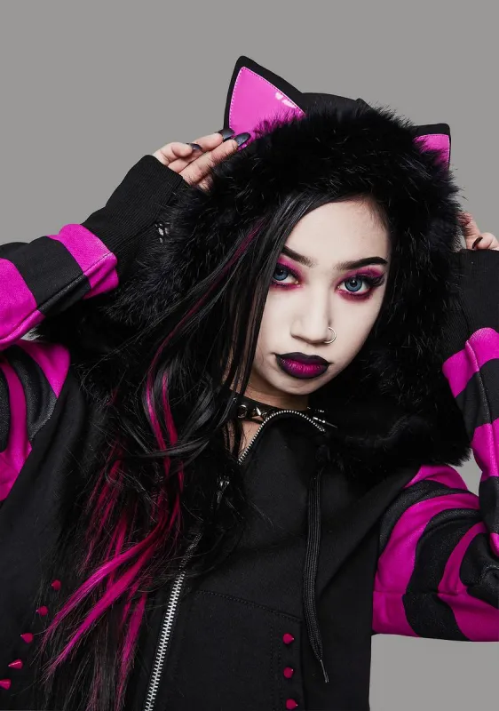 Psycho Kitty Striped Zip-Up Hoodie sold by Dolls Kill