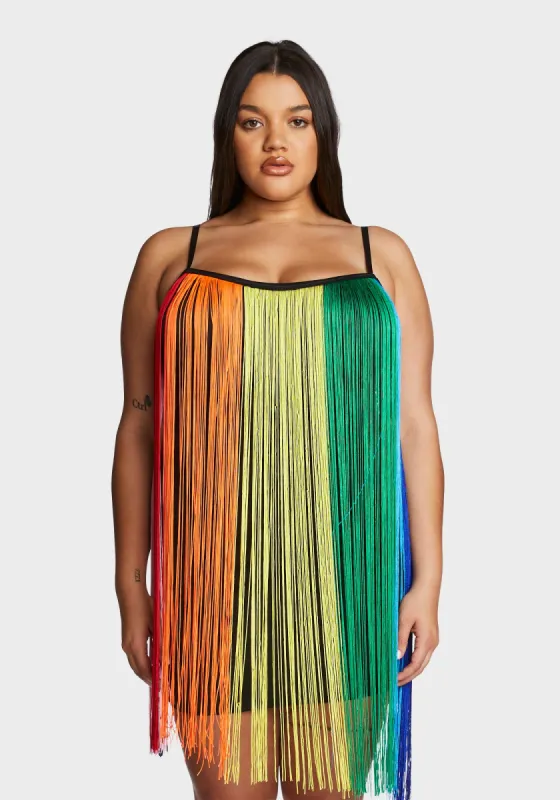 Plus Technicolor Trip Fringe Mini Dress sold by Dolls Kill