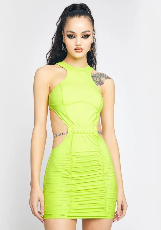 Wind It Up Ruched Bodycon Dress sold by Dolls Kill