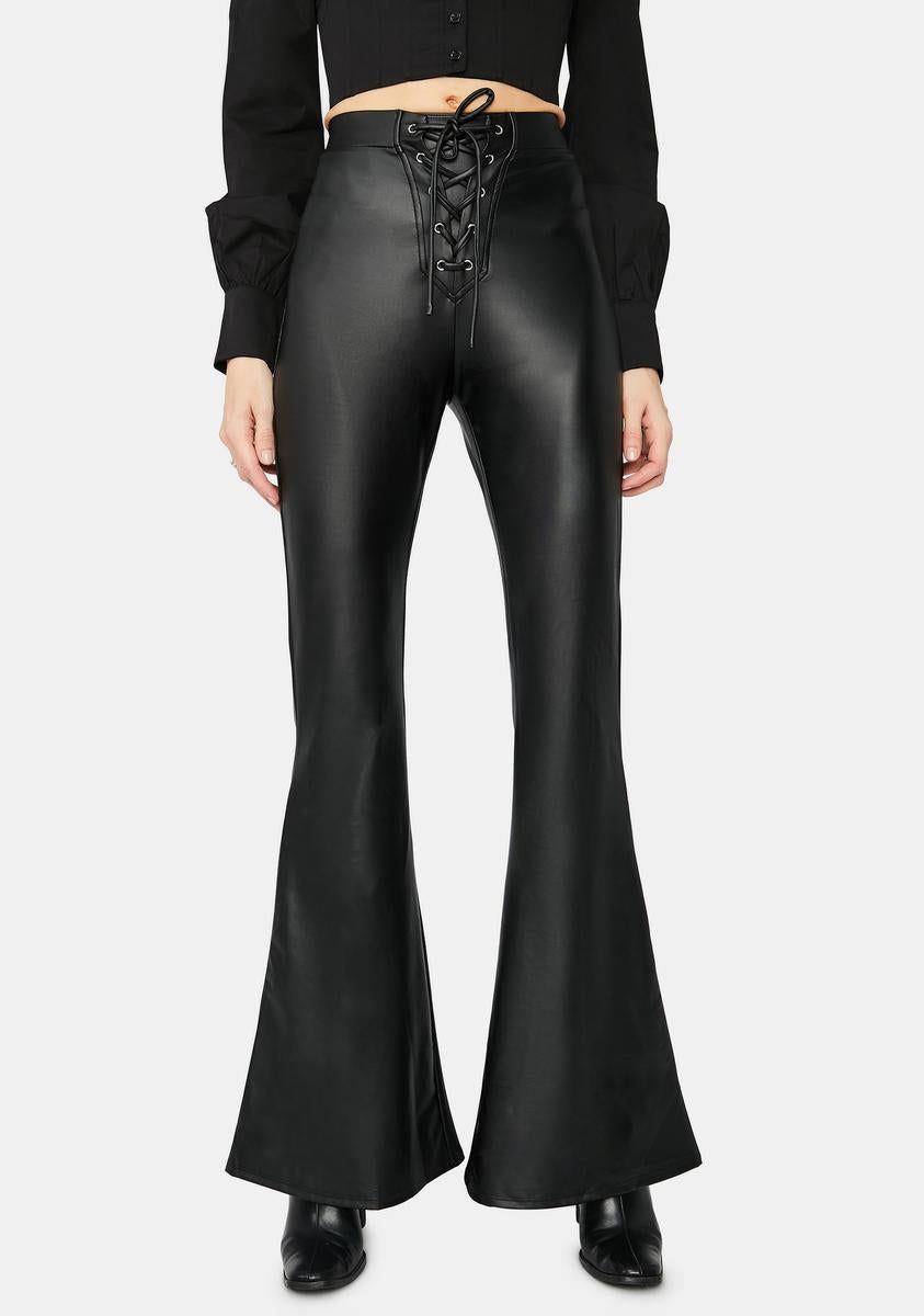 On The Rise Vegan Leather Flare Pants sold by Dolls Kill