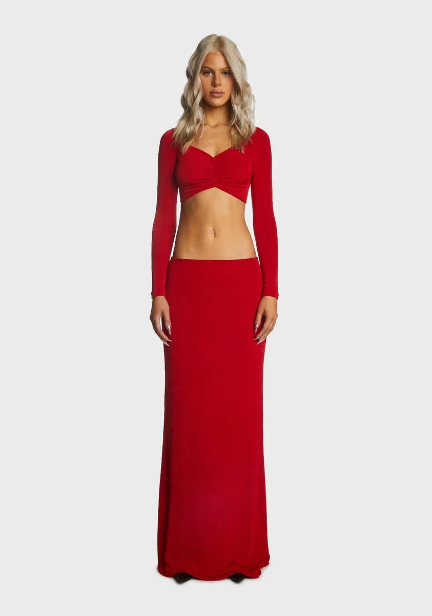 Red Ruched Front Crop Top Skirt Set sold by Dolls Kill
