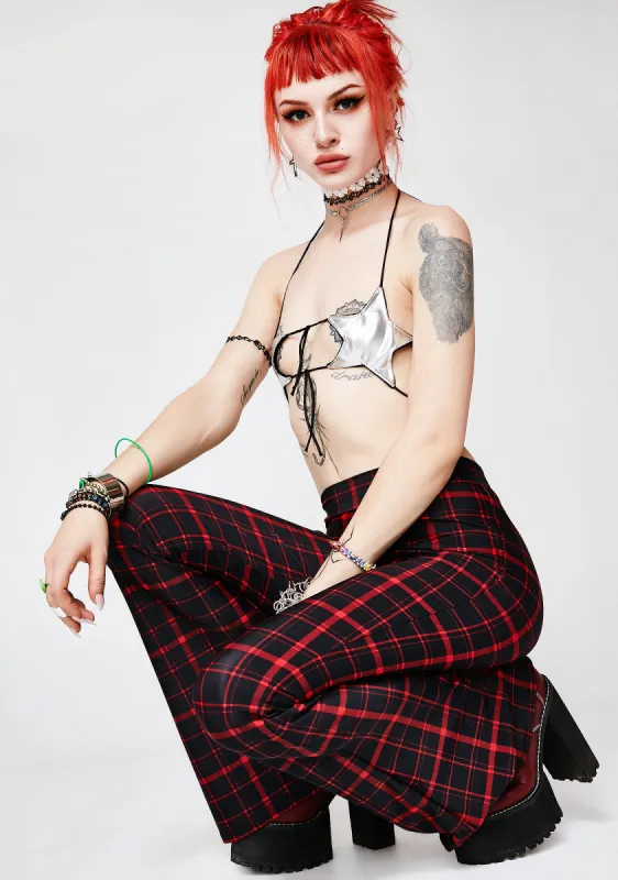 Cherry Hit Tha Books Plaid Flare Pants sold by Dolls Kill
