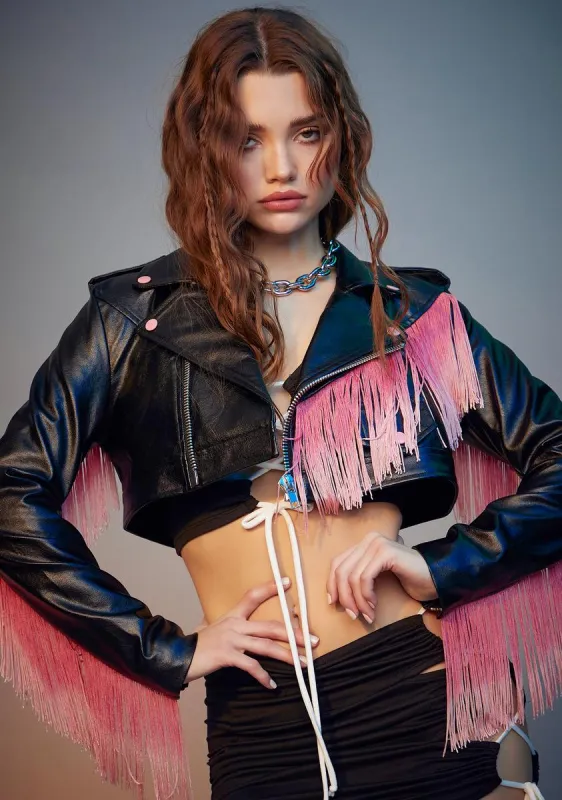 Bite The Dust Fringe Moto Jacket sold by Dolls Kill
