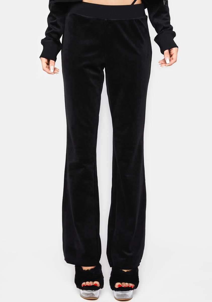 Black Luxe Velour Rhinestone Logo Sweatpants sold by Dolls Kill