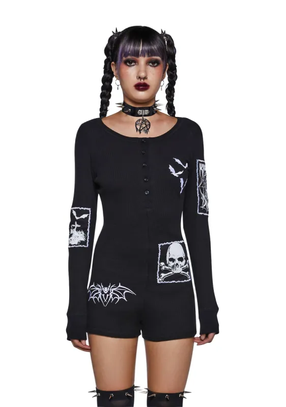 Patched Up Halloween Thermal Romper sold by Dolls Kill