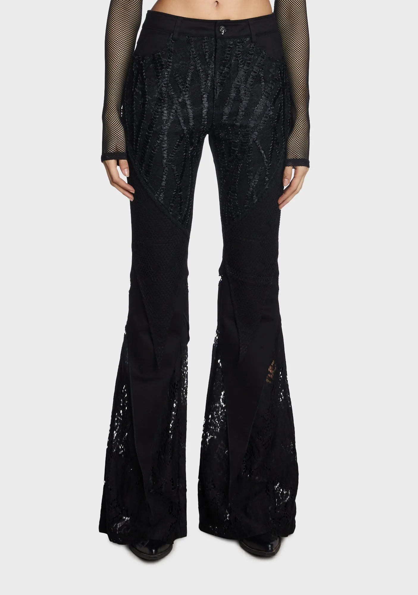 Gothic Lace Splice Flared Pants sold by Dolls Kill