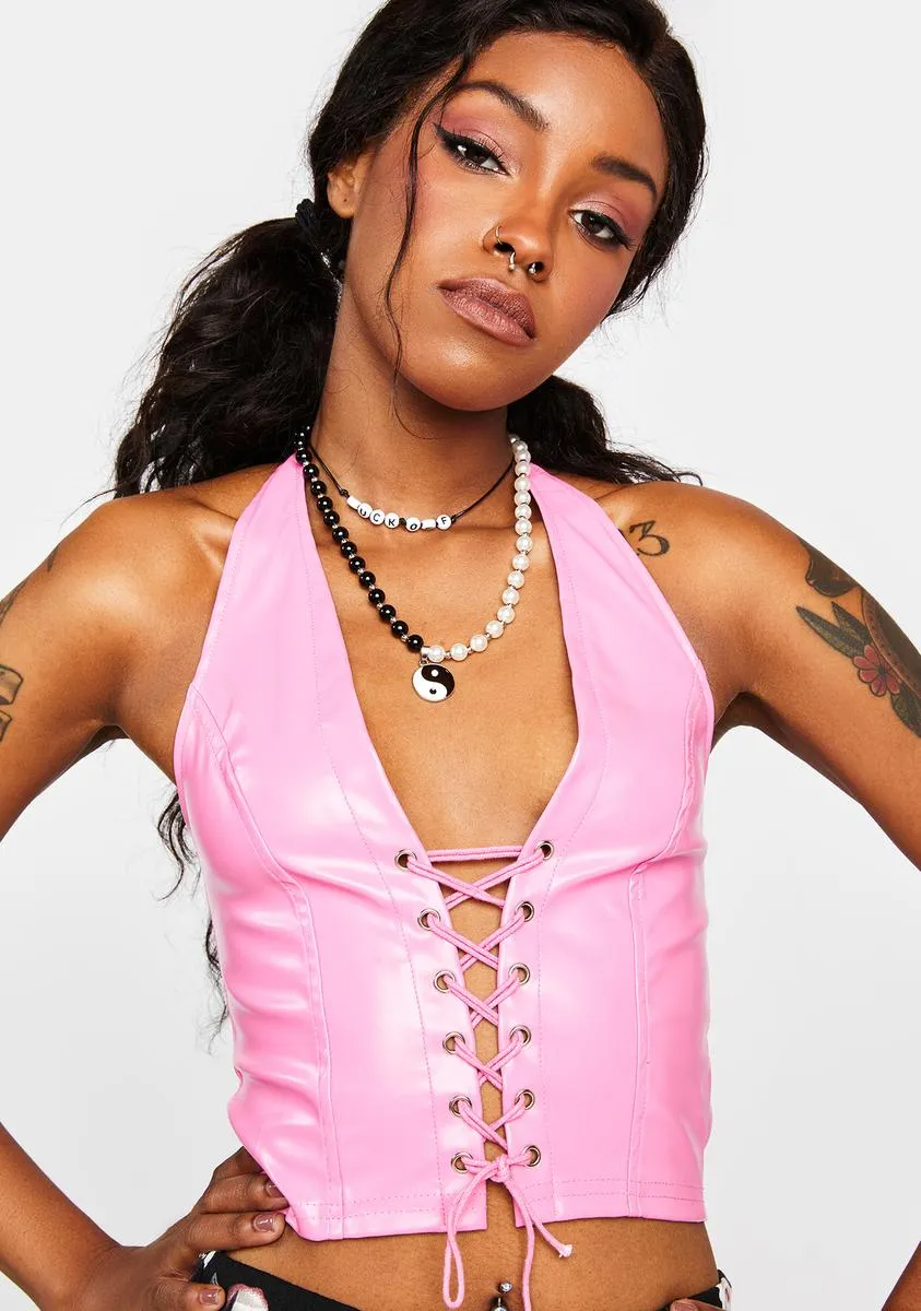 Sweet Cyber Sexy Lace-Up Halter Top sold by Dolls Kill
