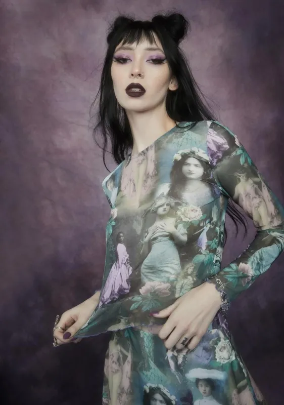 Ink And Feather Portrait Print Long Sleeve Top sold by Dolls Kill