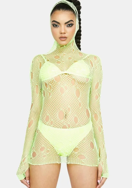 Neon Hooked On You Fishnet Mini Dress sold by Dolls Kill