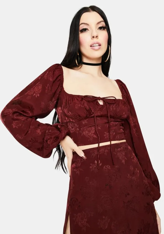 Urka Satin Rose Mulberry Crop Top sold by Dolls Kill