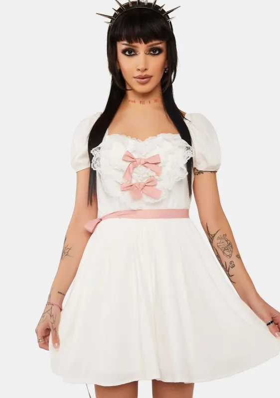 White Lace Heart Pink Bow Silky Dress sold by Dolls Kill