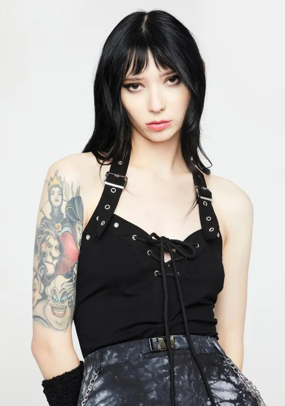 Minerva Plunge Lace Up Top sold by Dolls Kill