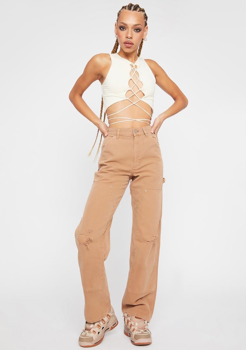 Beige Born A Star Lace Up Crop Top sold by Dolls Kill product image thumbnail 3