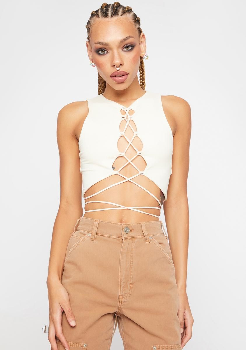 Beige Born A Star Lace Up Crop Top sold by Dolls Kill