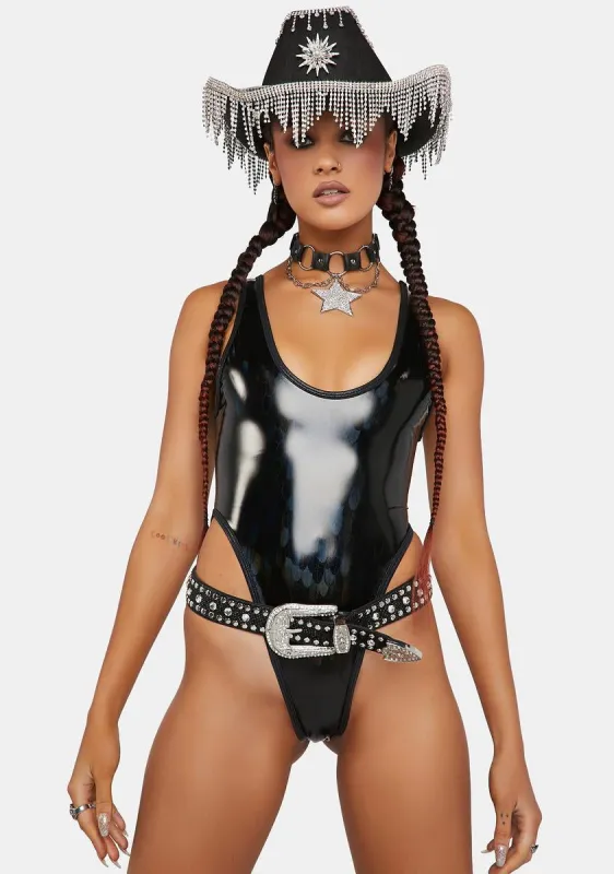 Black Laser Feather Extreme PVC Bodysuit sold by Dolls Kill