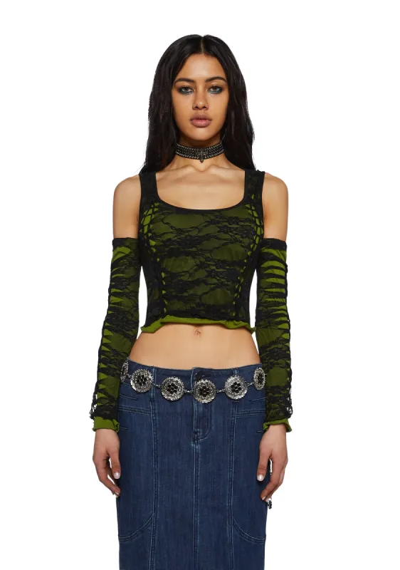 Alternative Spells Lace Top And Gloves Set - Green sold by Dolls Kill