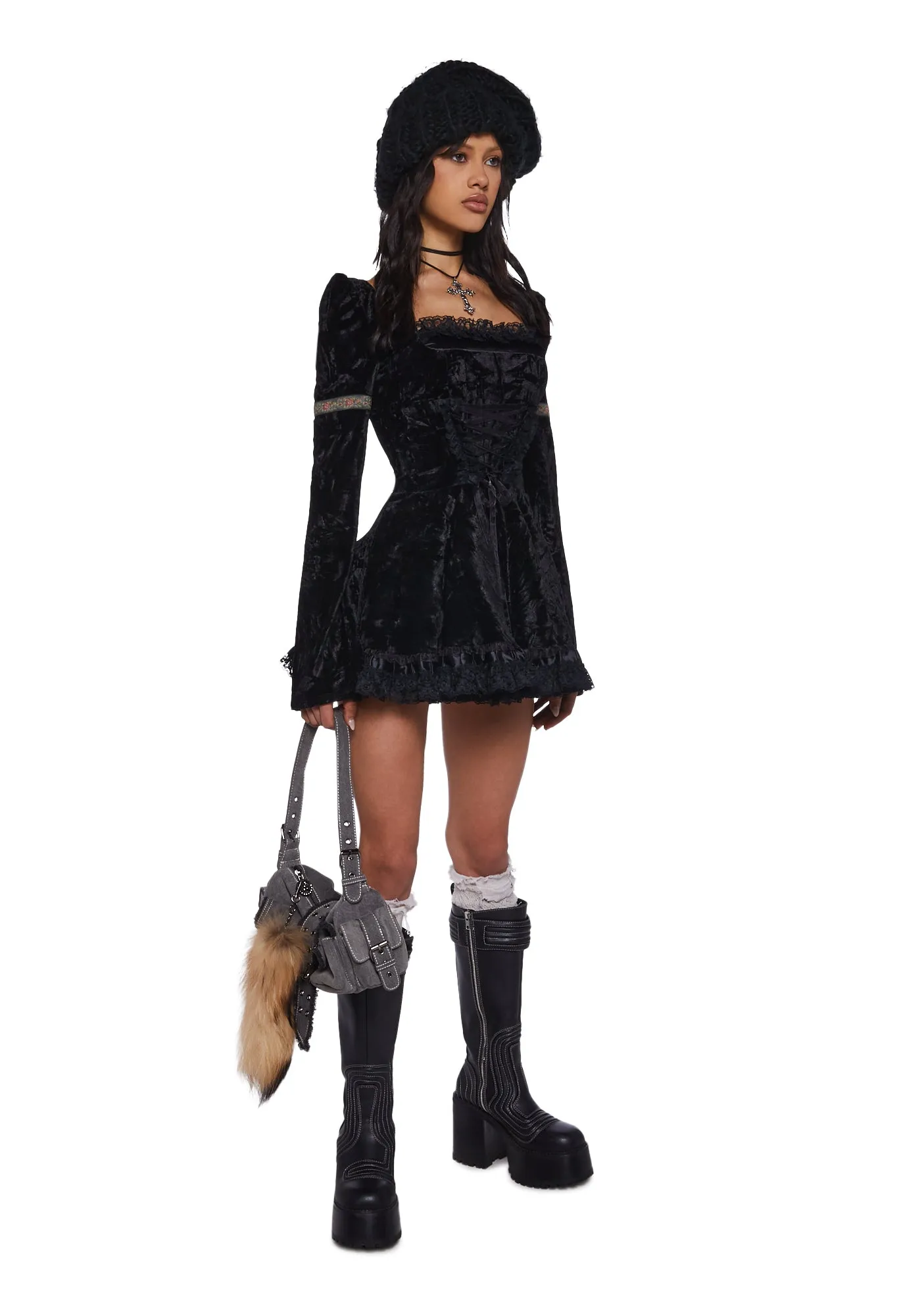 legend black dress Current Mood Velour Embroidered Trim Mini Dress