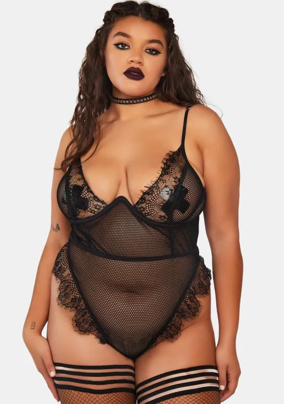 Plus Obscene Kisses Fishnet Teddy sold by Dolls Kill