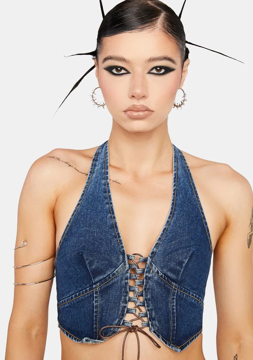 Lace Up Denim Crop Top sold by Dolls Kill