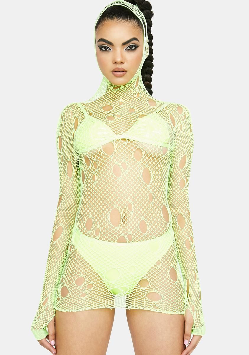 Neon Hooked On You Fishnet Mini Dress sold by Dolls Kill